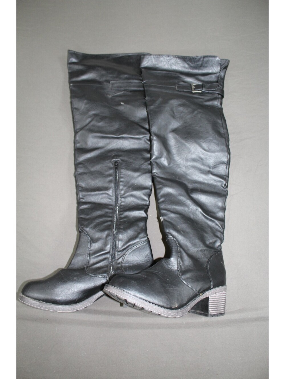 Black Faux Leather Knee High Boots Chunky Heel Womens XL-10